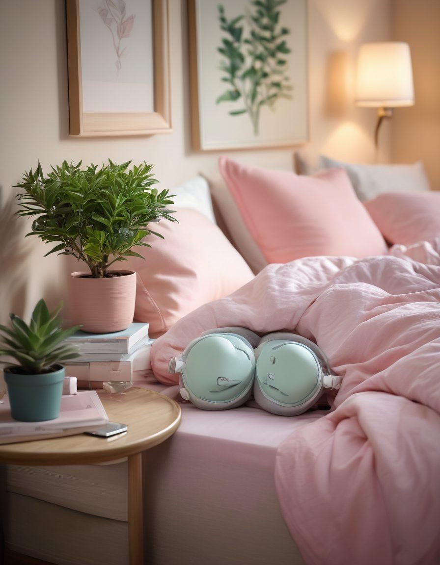 A cozy bedroom scene showcasing a couple peacefully sleeping side by side, both wearing stylish CPAP masks. Soft, warm lighting creates a romantic atmosphere, with heart-shaped pillows and gentle pastel colors. An illustrated representation of restful sleep and health, featuring subtle symbols of love, like intertwined hearts, in the background. The bedside table holds a plant and a framed picture depicting love. super-realistic. vibrant colors. soft lighting.