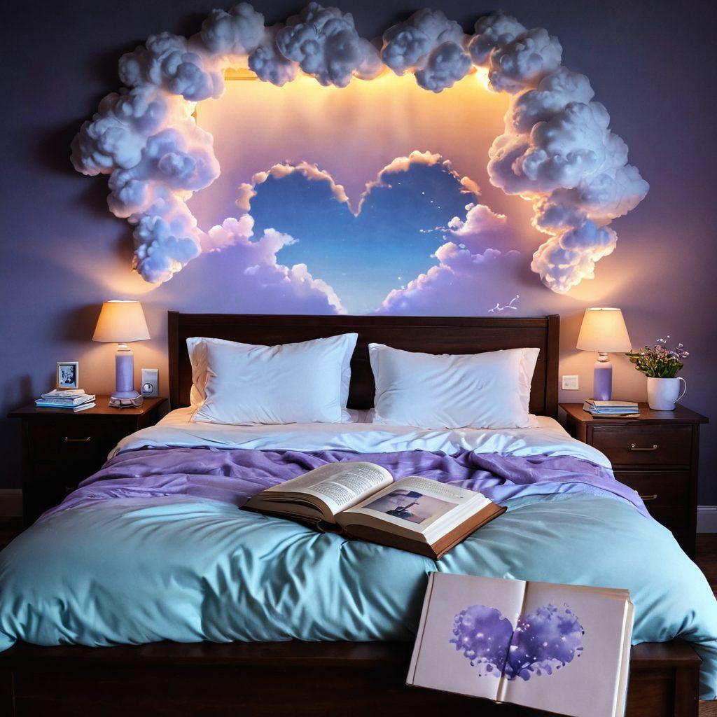 An intimate scene depicting a cozy bedroom with soft lighting, featuring a couple peacefully sleeping side by side, surrounded by dream-like clouds symbolizing restful sleep. Gentle hues of blue and lavender create a tranquil atmosphere, while small heart shapes float around, representing love and connection. Include elements like a bedside book about sleep health and a cup of herbal tea on a nightstand. super-realistic. warm colors. soft focus.