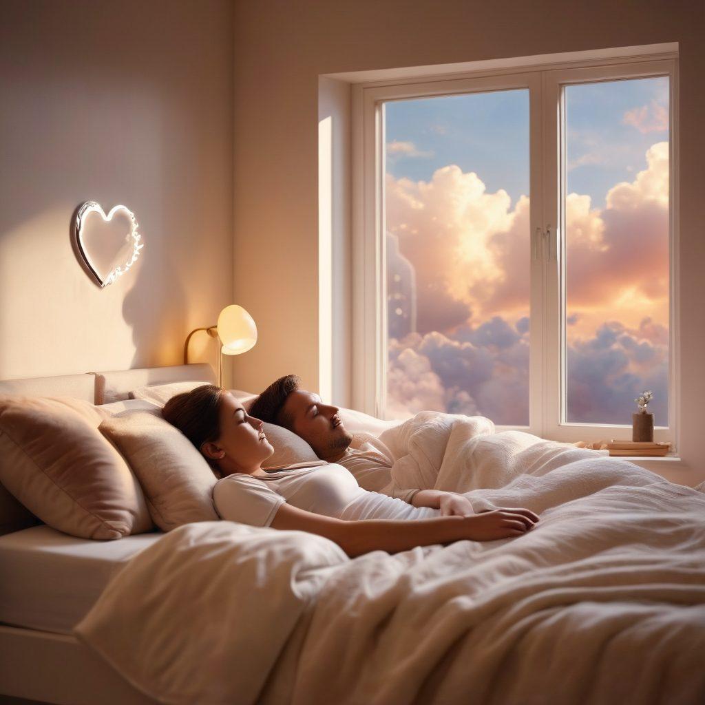 A cozy bedroom scene featuring a couple peacefully sleeping side by side, with a stylish CPAP machine beside the bed, casting a gentle glow. Dreamy clouds and hearts floating above them, symbolizing affectionate dreams. Soft, soothing colors creating a calming atmosphere. Elements of intimacy like intertwined hands, and warm light filtering through a window. super-realistic. soft colors. warm lighting.